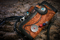 Handmade Mens Cool Tooled Floral Leather Chain Wallet Biker Trucker Wallet with Chain - iwalletsmen