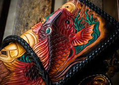 Handmade Leather Tooled Carp Mens Chain Biker Wallet Cool Leather Wallet Long Phone Wallets for Men