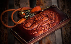 Handmade Leather Tooled Ganesh Mens Chain Biker Wallet Cool Leather Wallet Zipper Long Phone Wallets for Men