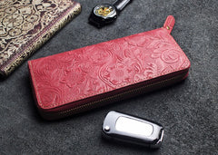 Handmade Leather Floral Mens Cool Travel Long Wallet Card Holder Card Slim Clutch Wallets for Men