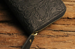 Handmade Leather Floral Floral Mens Cool Zipper Phone Travel Long Wallet Card Holder Card Slim Clutch Wallets for Men