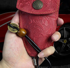 Handmade Leather Floral Mens Cool Car Key Wallet Coin Wallet Pouch Car KeyChain for Men