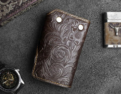 Handmade Leather Floral Mens Cool Key Wallet Wallet Card Holder Small Card Keychain Wallets for Men