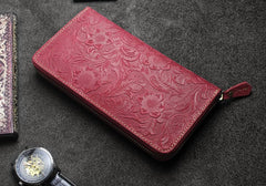 Handmade Leather Floral Mens Cool Travel Long Wallet Card Holder Card Slim Clutch Wallets for Men
