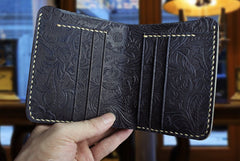 Handmade Leather Floral Mens Cool Slim Leather Wallet Men billfold Wallets Bifold for Men