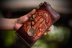 Handmade Leather Tooled Ganesh Mens Chain Biker Wallet Cool Leather Wallet Zipper Long Phone Wallets for Men