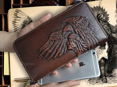 Handmade Leather Mens Tooled Indian Cool Zipper Phone Travel Long Wallet Card Holder Card Slim Clutch Wallets for Men