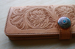 Handmade Mens Tooled Floral Beige Leather Long Biker Wallet Cool Long Chain Wallet for Men - iwalletsmen