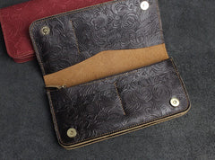 Handmade Leather Floral Mens Cool Travel Long Wallet Card Holder Card Slim Clutch Wallets for Men