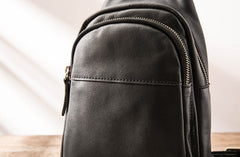 Leather Mens Black Sling Bag Sling Shoulder Bag Sling Backpack for men - iwalletsmen