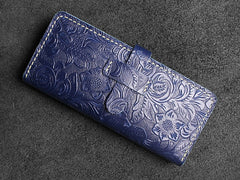 Handmade Leather Floral Mens Cool Travel Long Wallet Card Holder Card Slim Clutch Wallets for Men