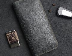 Handmade Leather Floral Mens Cool Travel Long Wallet Card Holder Card Slim Clutch Wallets for Men
