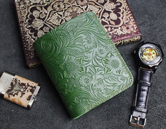 Handmade Leather Floral Mens Cool Slim Leather Wallet Men billfold Wallets Bifold for Men