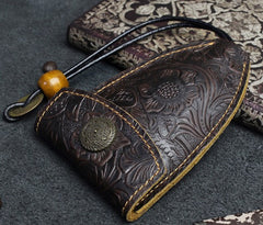 Handmade Leather Floral Mens Cool Car Key Wallet Coin Wallet Pouch Car KeyChain for Men