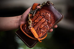 Handmade Leather Tooled Ganesh Mens Chain Biker Wallet Cool Leather Wallet Zipper Long Phone Wallets for Men