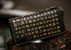 Handmade Leather Mens Chain Chinese Handwriting Biker Wallet Cool Leather Wallet Long Phone Wallets for Men