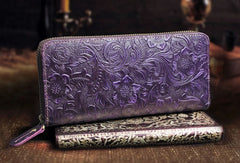 Handmade Leather Floral Mens Cool Travel Long Wallet Card Holder Card Slim Clutch Wallets for Men