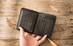 Black Cool Leather Mens Small Wallet Trifold Vintage billfold Wallet for Men - iwalletsmen