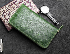 Handmade Leather Floral Mens Cool Travel Long Wallet Card Holder Card Slim Clutch Wallets for Men
