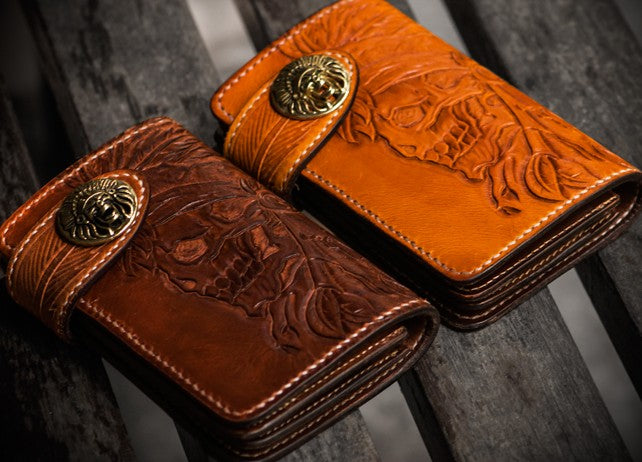 Handmade Leather Skull Tooled Mens Chain Biker Wallet Cool Leather Wallet with Chain Wallets for Men