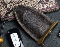 Handmade Leather Floral Mens Cool Car Key Wallet Coin Wallet Pouch Car KeyChain for Men