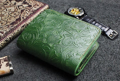 Handmade Leather Floral Mens Cool Slim Leather Wallet Men billfold Wallets Bifold for Men