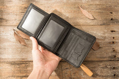 Black Cool Leather Mens Small Wallet Trifold Vintage billfold Wallet for Men - iwalletsmen