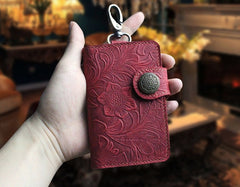 Handmade Leather Floral Mens Cool Key Wallet Wallet Card Holder Small Card Keychain Wallets for Men