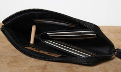 Handmade Leather Mens Clutch Cool Slim Wallet Zipper Clutch Wristlet Wallet for Men