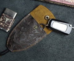 Handmade Leather Floral Mens Cool Car Key Wallet Coin Wallet Pouch Car KeyChain for Men