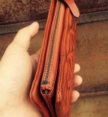 Genuine Leather Mens Cool Long Leather Wallet Zipper Clutch Wristlet Wallet for Men