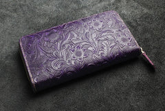Handmade Leather Floral Mens Cool Travel Long Wallet Card Holder Card Slim Clutch Wallets for Men
