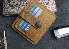 Handmade Leather Floral Mens Cool Front Pocket Wallet billfold Wallet Card Holder Small Card Slim Wallets for Men