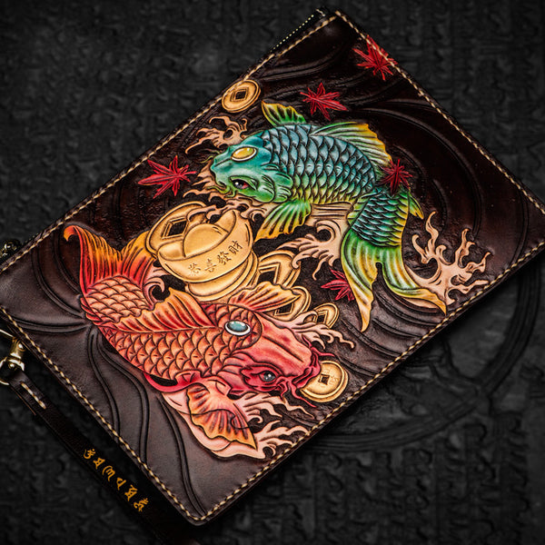 Handmade Leather Carp Tooled Wristlet Bag iPad Bag Mens Cool Leather Wallet Long Clutch for Men