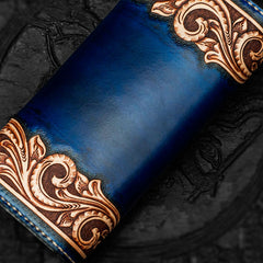 Handmade Leather Men Tooled Blue Floral Cool Leather Wallet Long Phone Clutch Wallets for Men