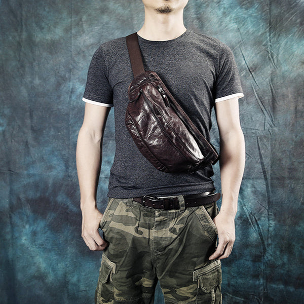 leather chest bag men​ Brown Leather Fanny Pack Crossbody Chest Bag Mens Leather Waist Bag Hip Pack Belt Bag for Men 