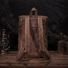 Brown Leather Men's 14 inches Large Barrel Computer Backpack Cylinder Travel Backpack Large College Backpack For Men - iwalletsmen