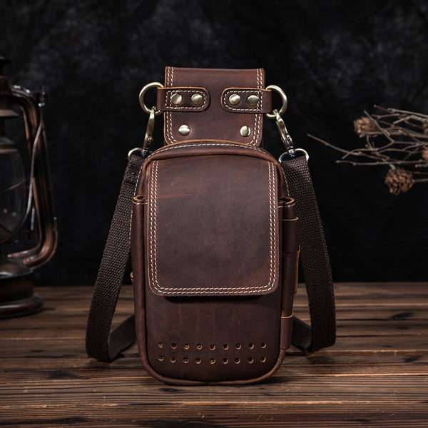 Cool Brown Leather Men's Cell Phone Holster Small Side Bag Mini Messenger Bag For Men - iwalletsmen