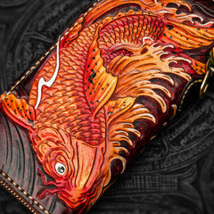 Handmade Leather Tooled Carp Mens Chain Biker Wallet Cool Leather Wallet Long Phone Wallets for Men