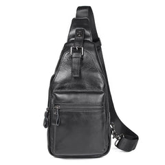 Black Leather Men's Sling Bag Coffee Chest Bag One Shoulder Backpack For Men - iwalletsmen