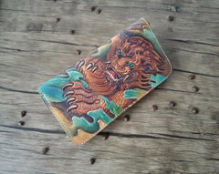 Handmade Leather Chinese Lion Tooled Mens Long Wallet Cool Leather Wallet Clutch Wallet for Men