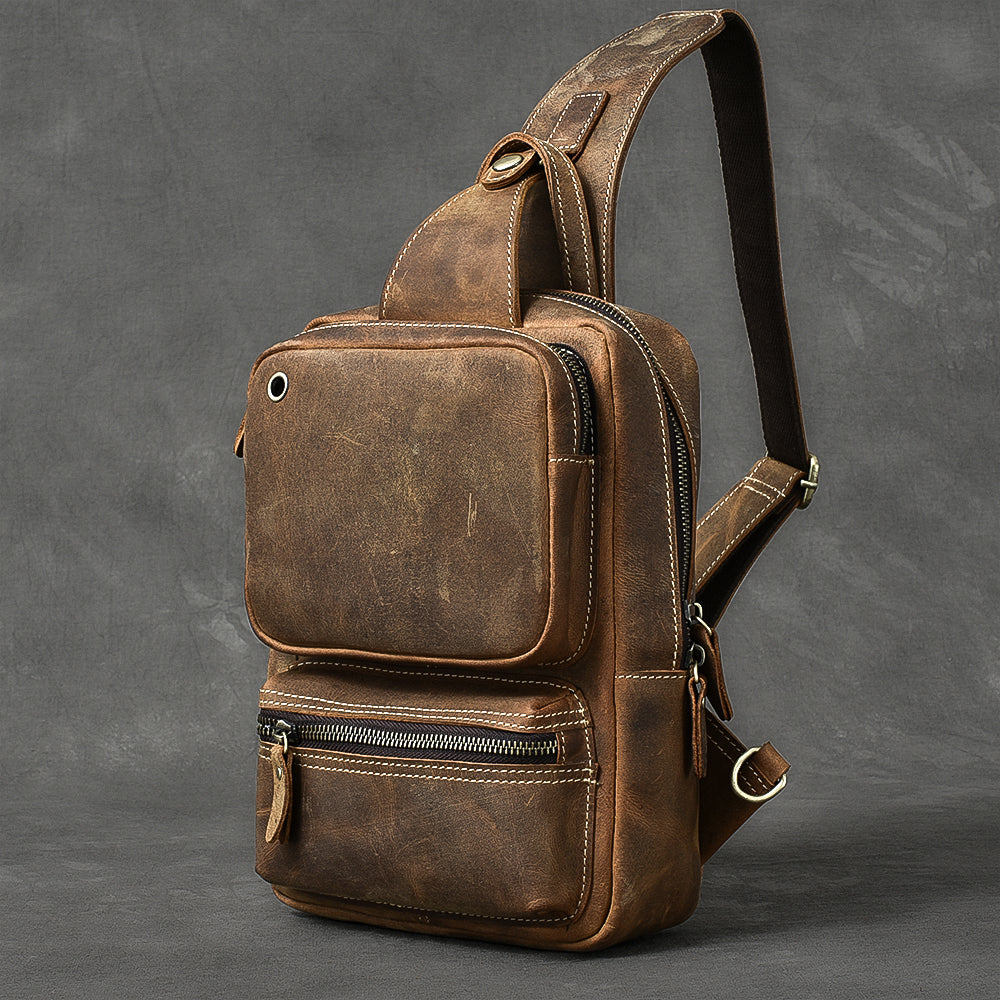 Cool Leather Mens 10" Brown Sling Bag Chest Bag Dark Coffee One Shoulder Backpack for Men - iwalletsmen