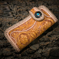 Handmade Mens Cool Tooled Floral Leather Chain Wallet Biker Trucker Wallet with Chain - iwalletsmen