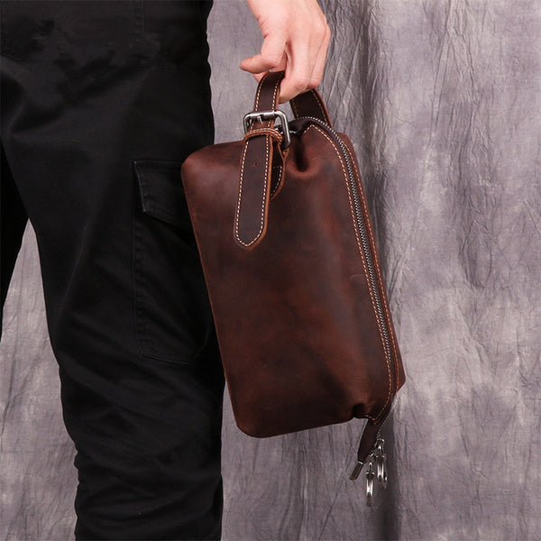 Cool Brown Leather Men's Red Brown Storage Bag Clutch Bag Portable Bag Mini Handbag for Men - iwalletsmen