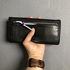 Handmade Genuine Leather Mens Clutch Cool Slim Wallet Zipper Clutch Wristlet Wallet for Men