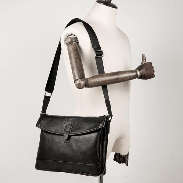 Fashion Black Leather 12 inches Mens Small Courier Bag Messenger Bags Postman Bag for Men - iwalletsmen