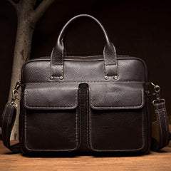 Black Leather Mens 13 inches Vertical Briefcase Laptop Shoulder Bag Coffee Business Work Bag for Men - iwalletsmen