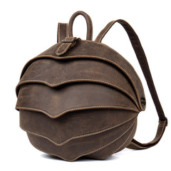 Dark Brown Unique Mens Leather 10-inch Small Backpacks Cool Beetle Backpacks Round Backpack for men - iwalletsmen
