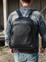 Black Fashion Mens Leather 15-inch Business Computer Backpacks Laptop Backpacks Black College Backpack for men - iwalletsmen