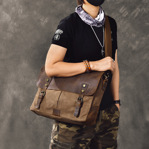 Waxed Canvas Leather Mens 14" Large Side Bag Green Postman Bag Messenger Bag For Men - iwalletsmen